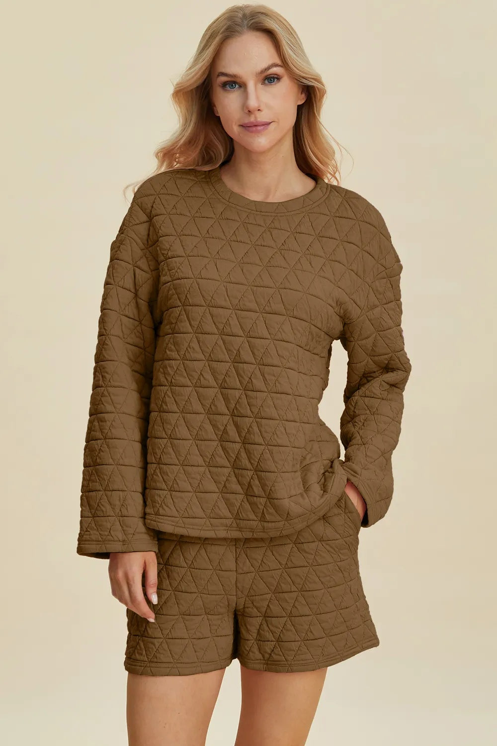 Double Take Full Size Texture Round Neck Long Sleeve Top And Shorts Set