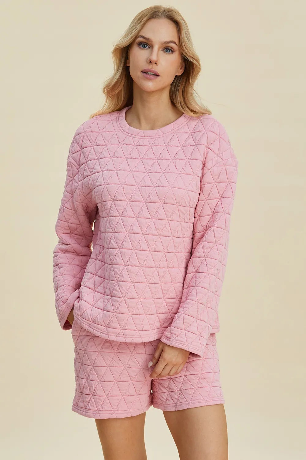 Double Take Full Size Texture Round Neck Long Sleeve Top And Shorts Set