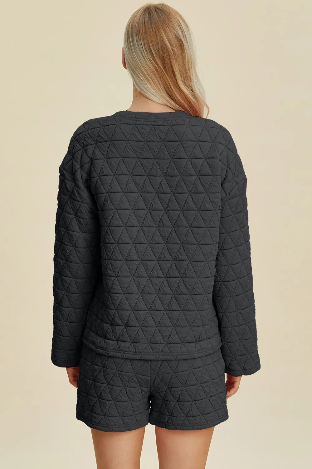 Double Take Full Size Texture Round Neck Long Sleeve Top And Shorts Set