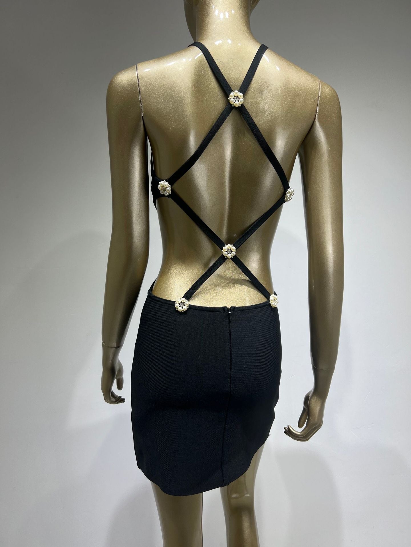 Black Halter Midriff Outfit Rhombus Back Ultra Short Black Dress
