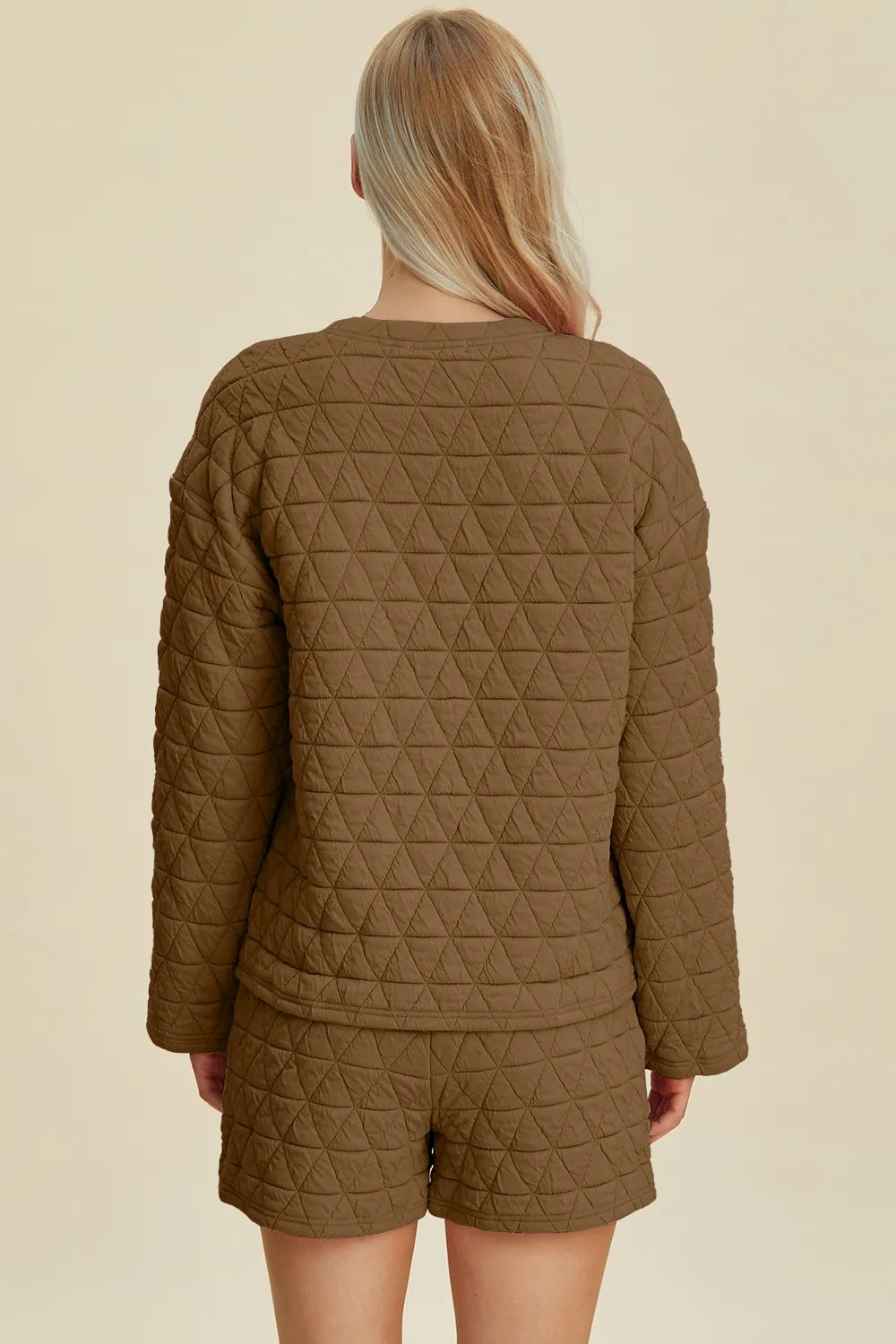 Double Take Full Size Texture Round Neck Long Sleeve Top And Shorts Set