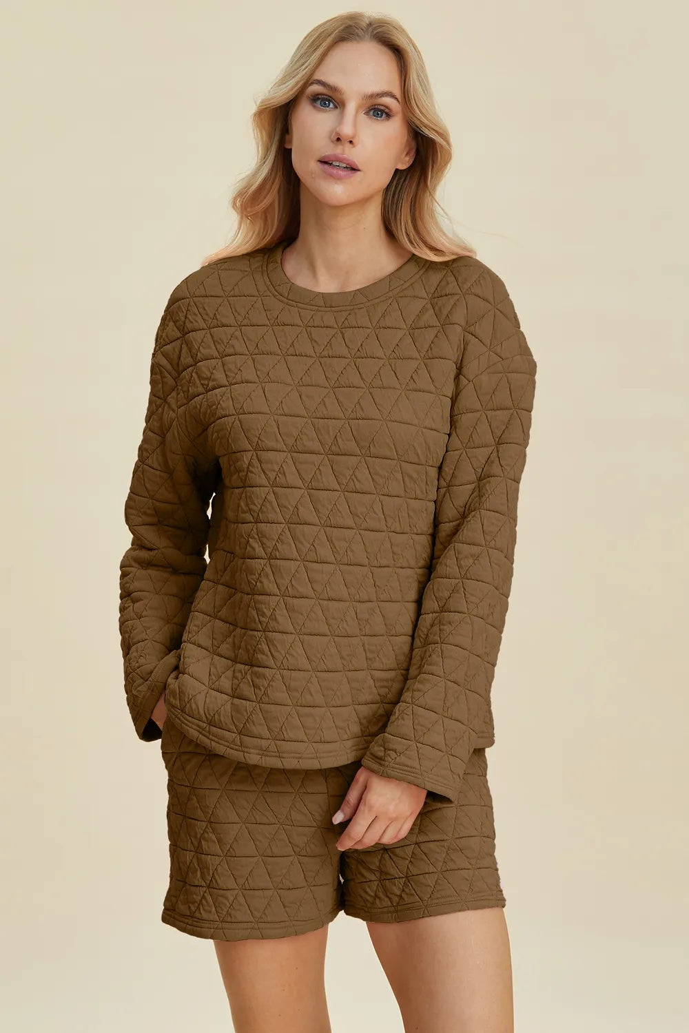 Double Take Full Size Texture Round Neck Long Sleeve Top And Shorts Set