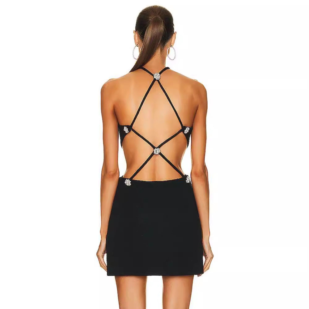 Black Halter Midriff Outfit Rhombus Back Ultra Short Black Dress