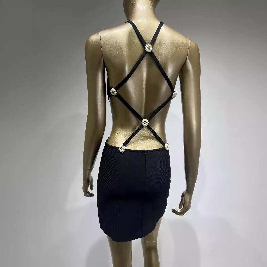Black Halter Midriff Outfit Rhombus Back Ultra Short Black Dress