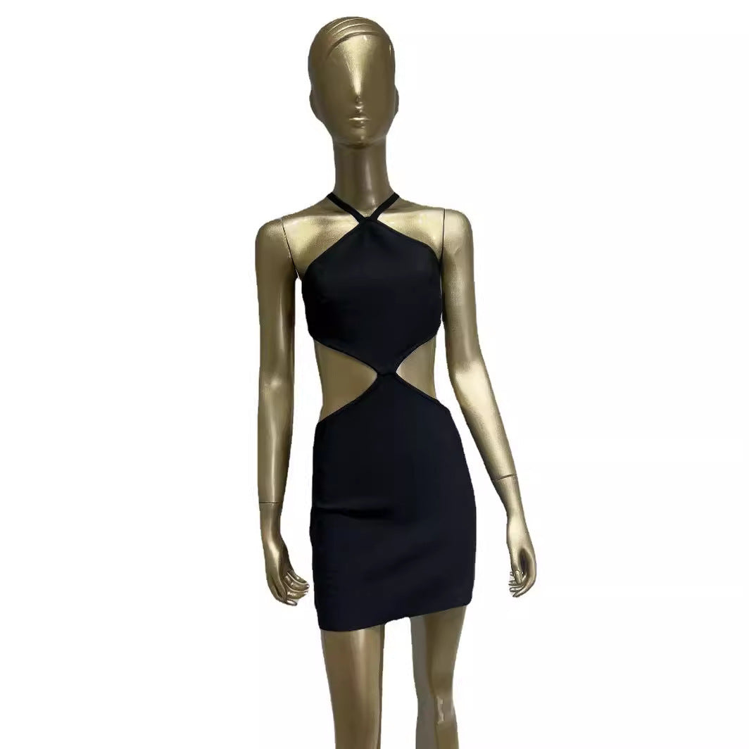 Black Halter Midriff Outfit Rhombus Back Ultra Short Black Dress