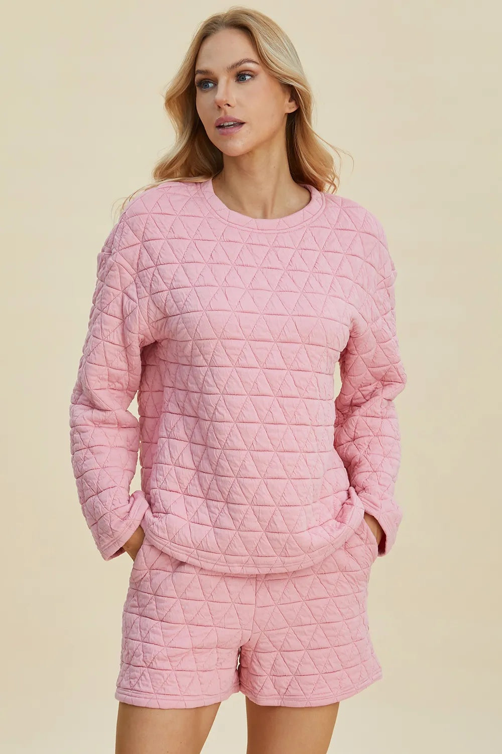 Double Take Full Size Texture Round Neck Long Sleeve Top And Shorts Set