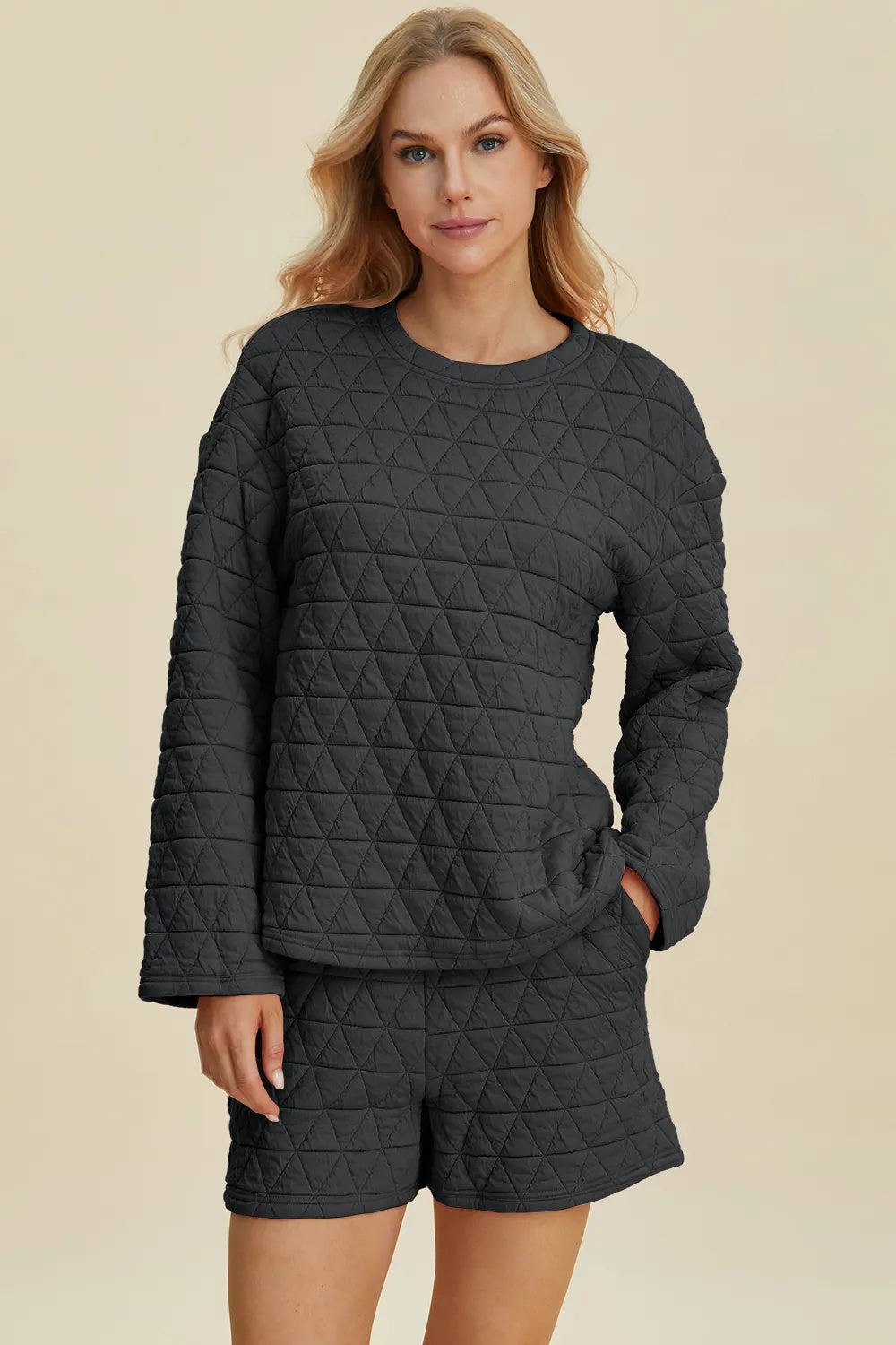 Double Take Full Size Texture Round Neck Long Sleeve Top And Shorts Set