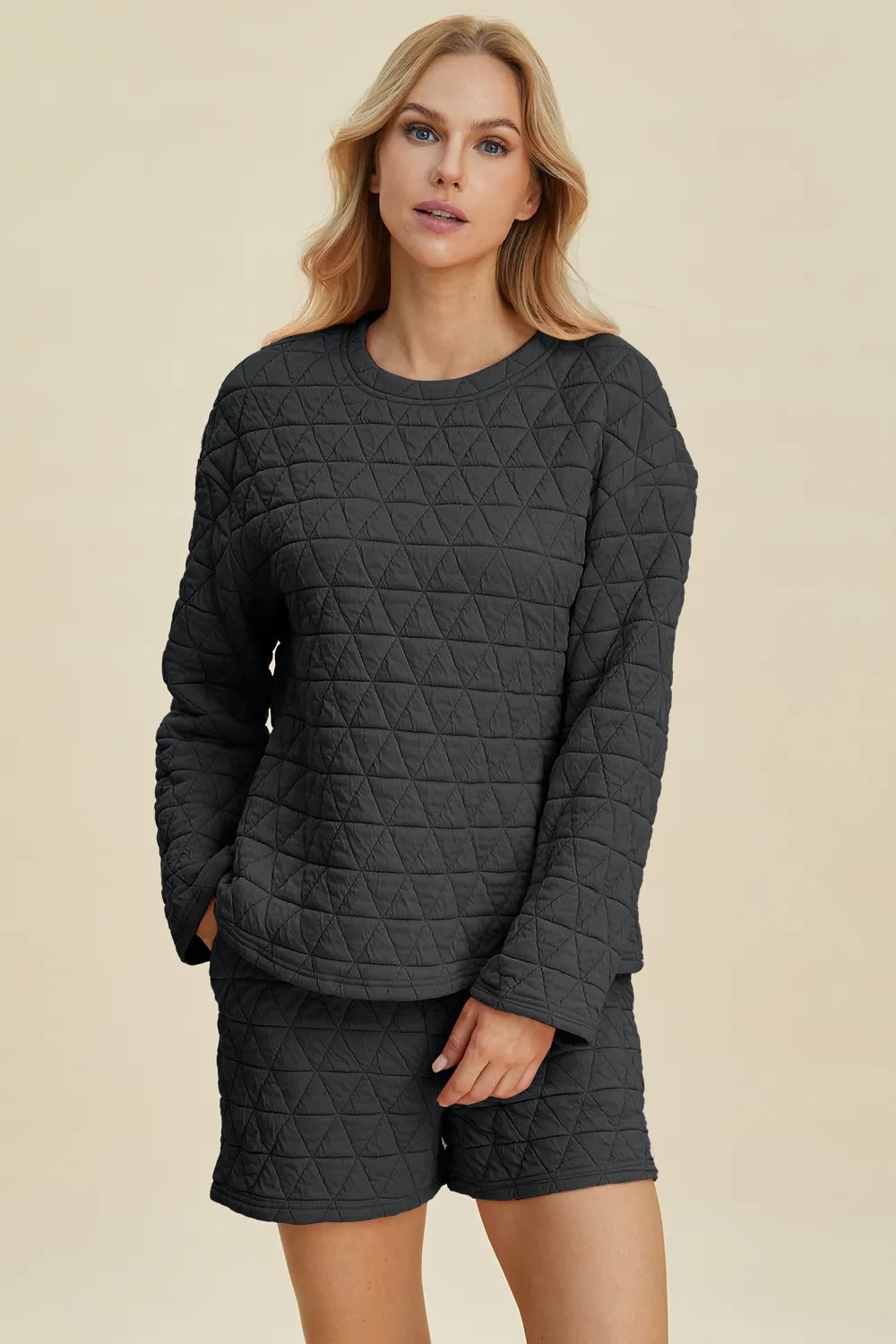 Double Take Full Size Texture Round Neck Long Sleeve Top And Shorts Set