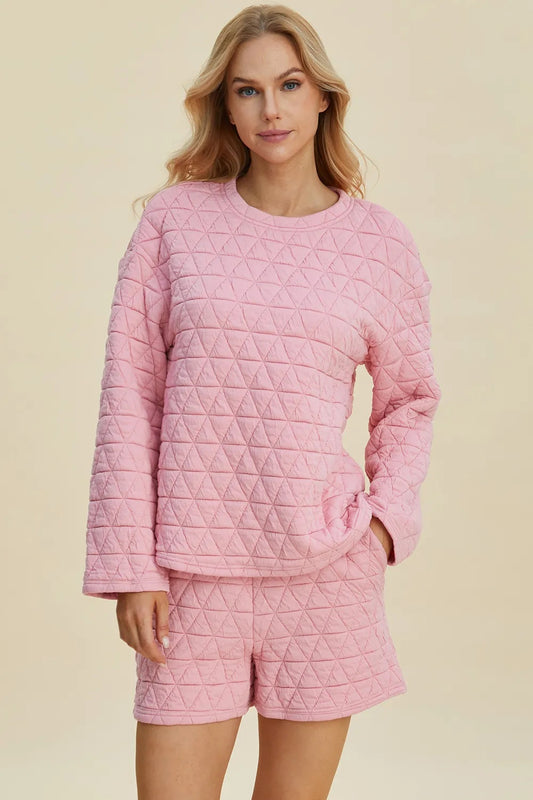 Double Take Full Size Texture Round Neck Long Sleeve Top And Shorts Set
